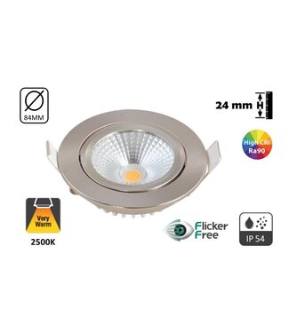 UITVERKOOP: Inbouw LED Spot 5w Flat, 450 Lumen, 2500K, Kantelbaar, IP54, CRI90, Staal Armatuur, Gatmaat 75mm, 2 Jaar Garantie