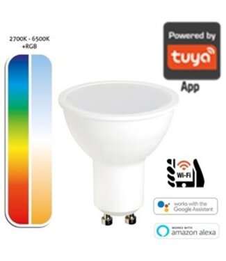 Smart WiFi GU10 LED Spot 4,9w, RGB+CCT (2700K-6500K), 350 Lumen, Werkt via Tuya App / Google Assistant / Amazon Alexa, 2 Jaar Garantie