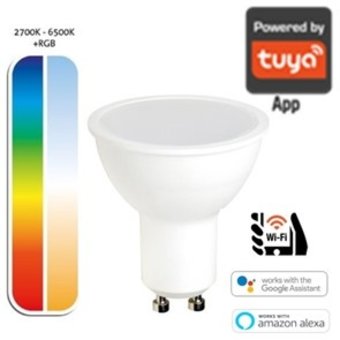 Smart WiFi GU10 LED Spot 4,9w, RGB+CCT (2700K-6500K), 350 Lumen, Werkt via Tuya App / Google Assistant / Amazon Alexa, 2 Jaar Garantie