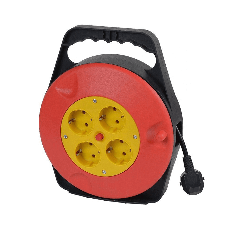 Kabelhaspel 5 meter + 4x Schuko| 16A | 220-240VAC | Zwart/Rood, foto 2 van 2