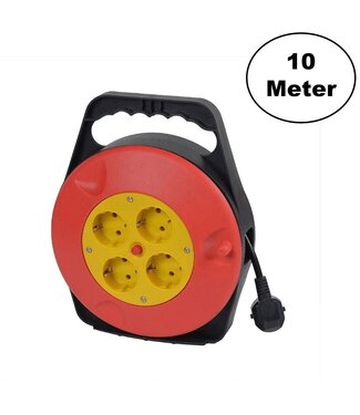 Kabelhaspel 10 meter + 4x Schuko| 16A | 220-240VAC | Zwart/Rood