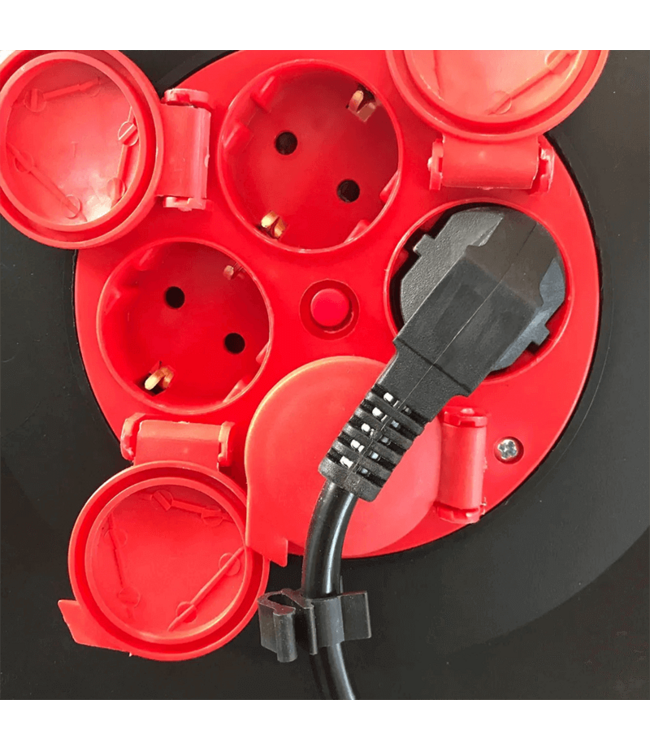 Kabelhaspel 25 meter + 4x Schuko| 16A | 220-240VAC | Zwart/Rood