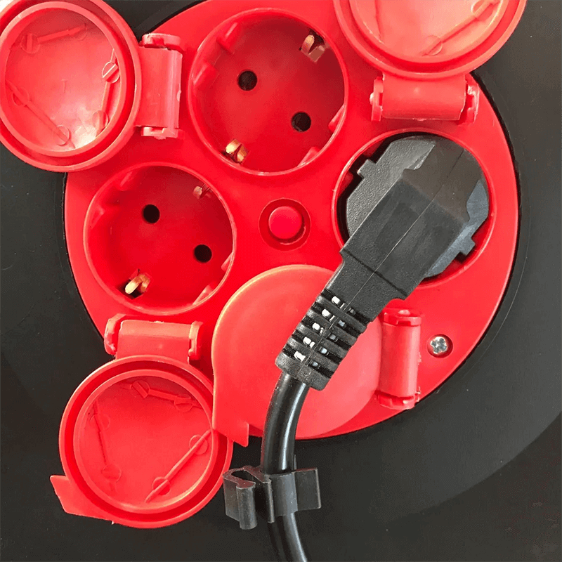 Kabelhaspel 25 meter + 4x Schuko| 16A | 220-240VAC | Zwart/Rood, foto 2 van 4