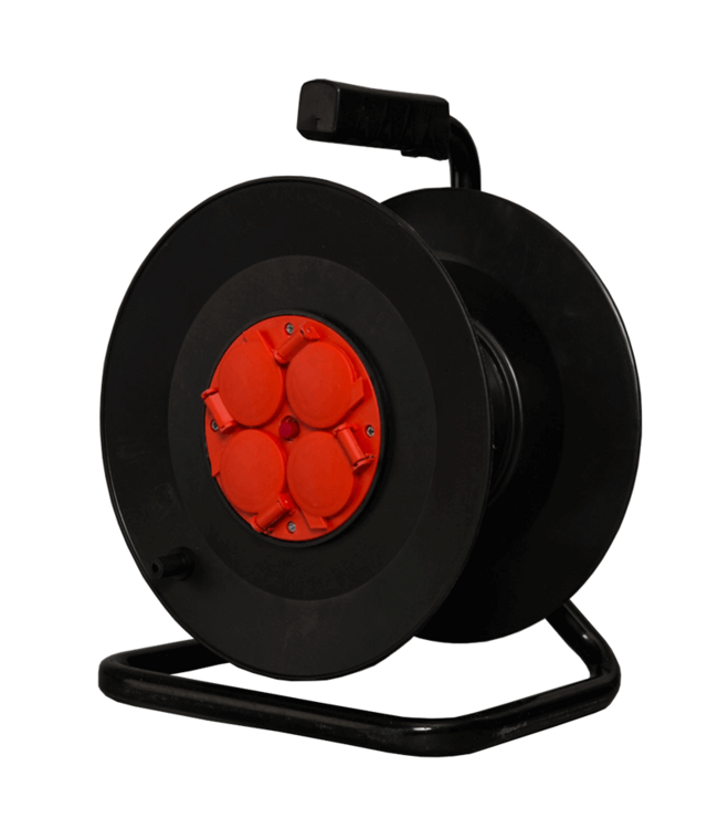 Kabelhaspel 25 meter + 4x Schuko| 16A | 220-240VAC | Zwart/Rood