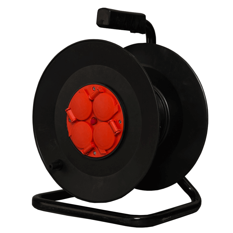 Kabelhaspel 25 meter + 4x Schuko| 16A | 220-240VAC | Zwart/Rood, foto 4 van 4