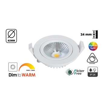 Reserveer: Inbouw LED Spot 5w Flat, 450 Lumen, Dim To Warm, Kantelbaar, IP44, Dimbaar, CRI90, Wit Armatuur, Gatmaat 72mm, 2 Jaar Garantie