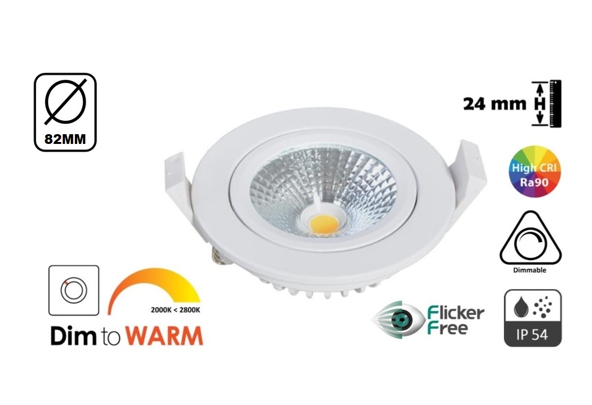 Inbouw LED Spot 5w Flat, 450 Lumen, Dim To Warm, Kantelbaar, IP44, Dimbaar, CRI90, Wit Armatuur, Gatmaat 72mm, 2 Jaar Garantie