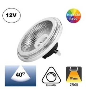 G53 AR111, 10w, 670 Lumen, 12V Ac/Dc, 2700K Warm Wit, 40°, CRI90, Dimbaar, 3 Jaar Garantie
