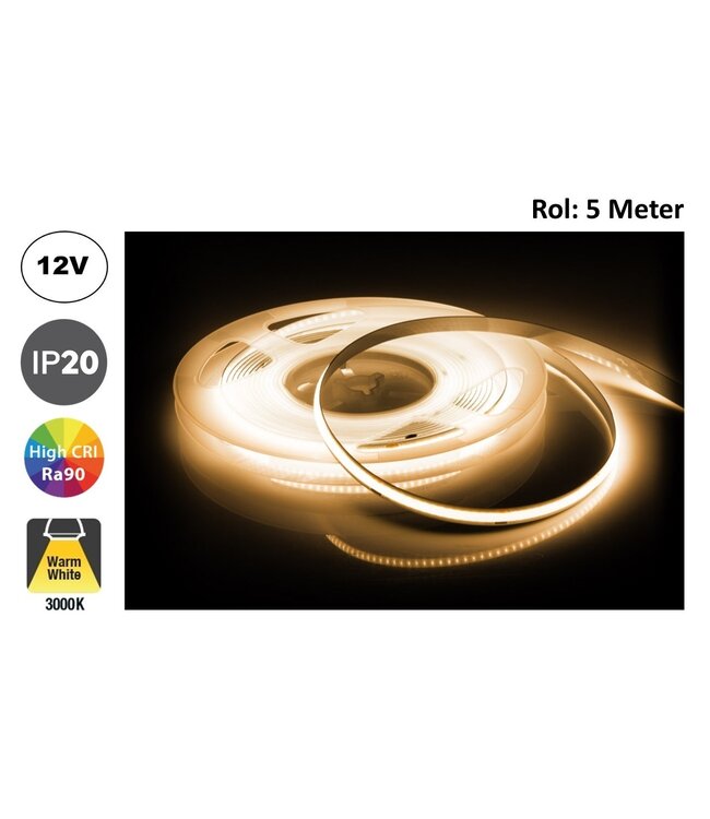 Led Strip ROL 5 Meter COB, 8w/m, 320 led/m, 680Lm/m, 3000K Warm wit, CRI90, 12v, IP33, 8mm, 2 Jaar garantie