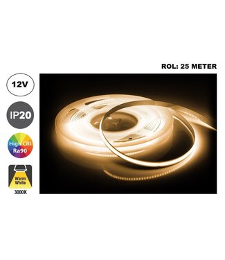 Led Strip ROL 25 Meter COB, 8w/m, 320 led/m, 680Lm/m, 3000K Warm wit, CRI90, 12v, IP33, 8mm, 2 Jaar garantie