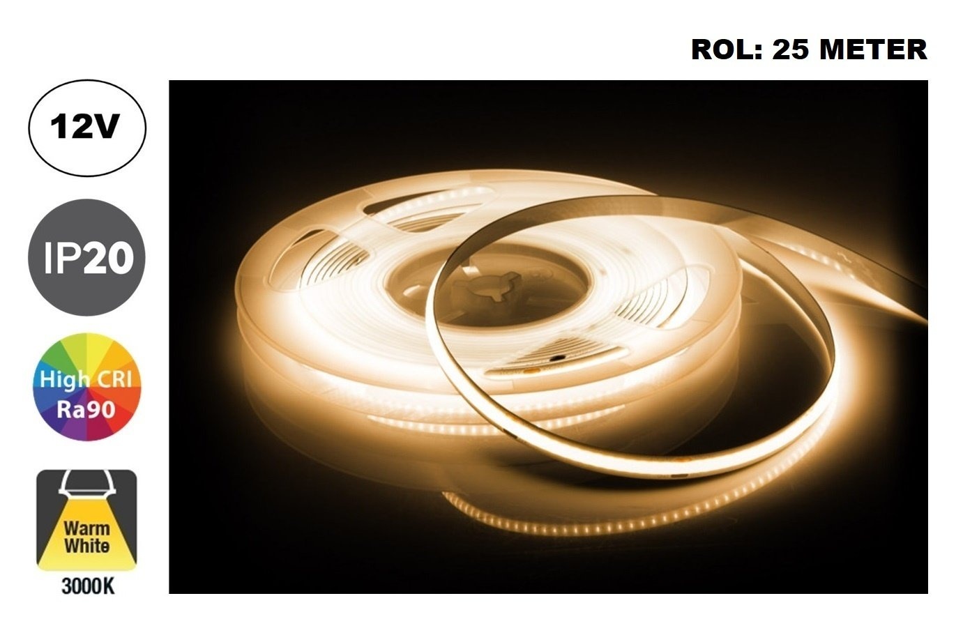Led Strip ROL 25 Meter COB, 8w/m, 320 led/m, 680Lm/m, 3000K Warm wit, CRI90, 12v, IP33, 8mm, 2 Jaar garantie, foto 2 van 5