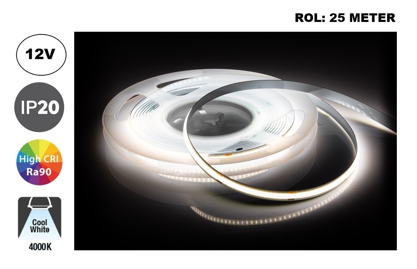 Led Strip ROL 25 Meter COB, 8w/m, 320 led/m, 760Lm/m, 4000K Neutraal wit, CRI90, 12v, IP33, 8mm, 2 Jaar garantie, foto 2 van 5