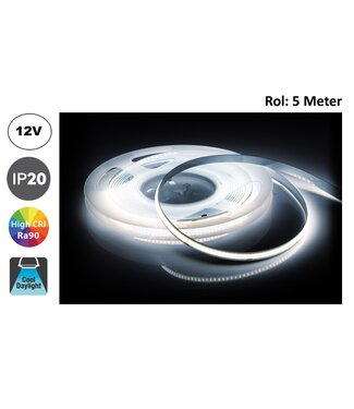 Led Strip ROL 5 Meter COB, 8w/m, 320 led/m, 760Lm/m, 6500K Daglicht wit, CRI90, 12v, IP33, 8mm, 2 Jaar garantie