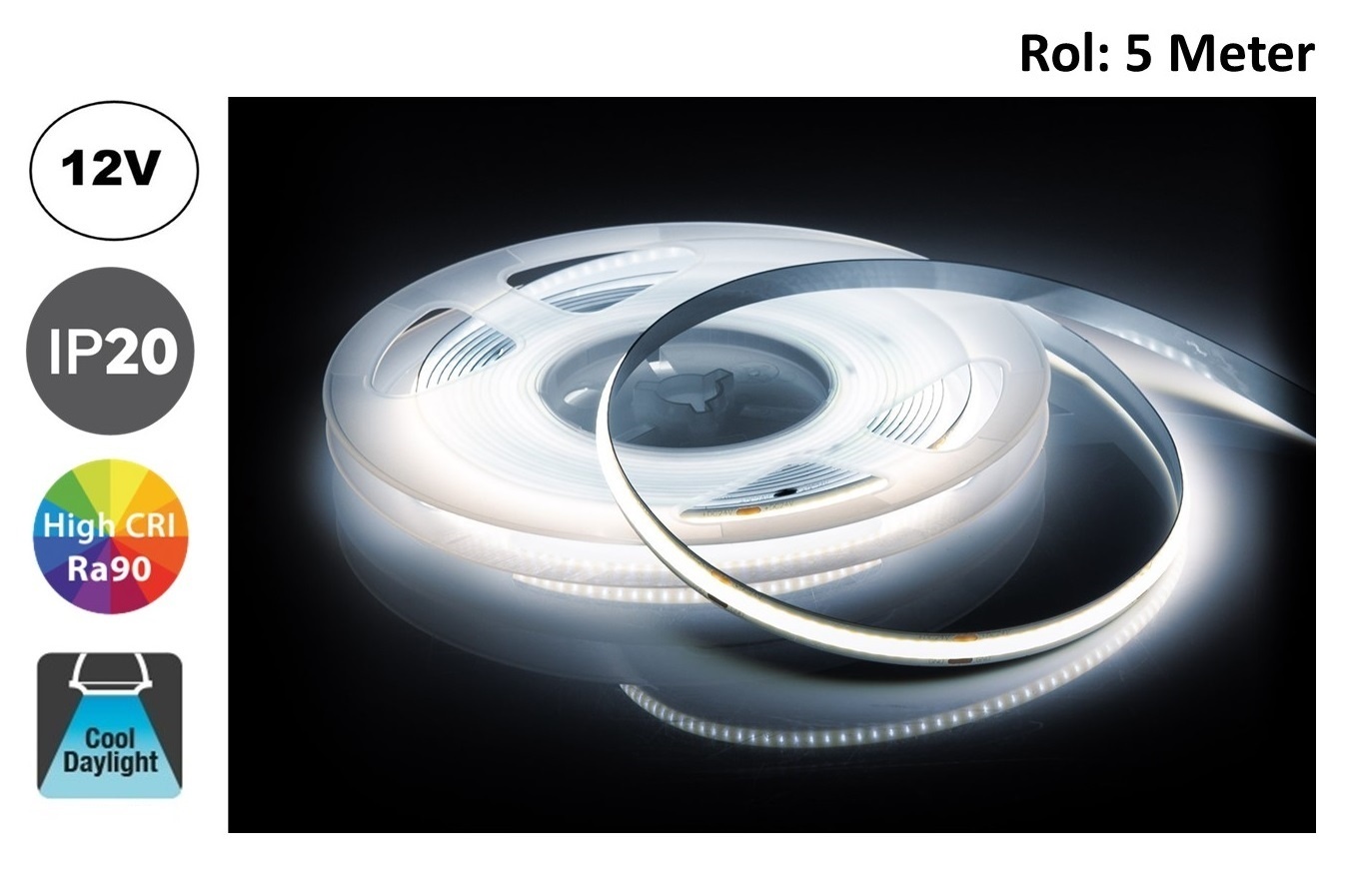 Led Strip ROL 5 Meter COB, 8w/m, 320 led/m, 760Lm/m, 6500K Daglicht wit, CRI90, 12v, IP33, 8mm, 2 Jaar garantie