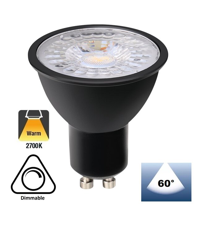 GU10 LED Spot ZWART 3w, 240 Lumen, Dimbaar, Lichthoek: 60°, 2 Jaar Garantie