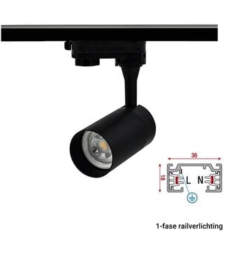 1 Fase Rail armatuur met GU10 Fitting Kort Verdiept, Zwartkleurige behuizing