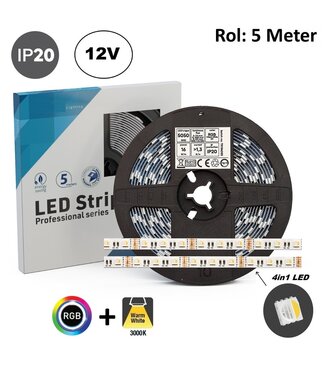 Led Strip ROL 5 Meter 5050SMD, 16w/m, 60 led/m, RGB+WW (3000K) 4IN1 LED , 12v, IP20, 10mm, 2 Jaar garantie