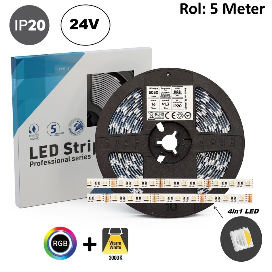 Led Strip ROL 5 Meter 5050SMD, 16w/m, 60 led/m, RGB+WW (3000K) 4IN1 LED , 24v, IP20, 10mm, 2 Jaar garantie