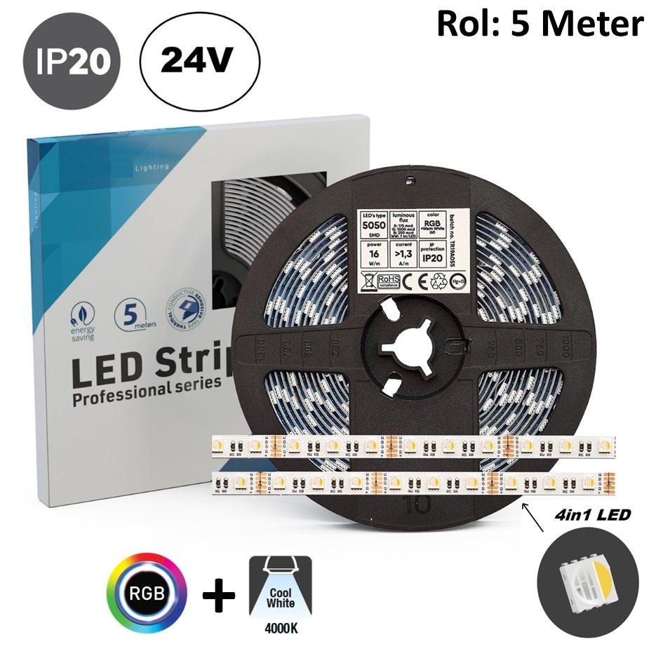 Led Strip ROL 5 Meter 5050SMD, 16w/m, 60 led/m, RGB+NW (4000K) 4IN1 LED , 24v, IP20, 10mm, 2 Jaar garantie