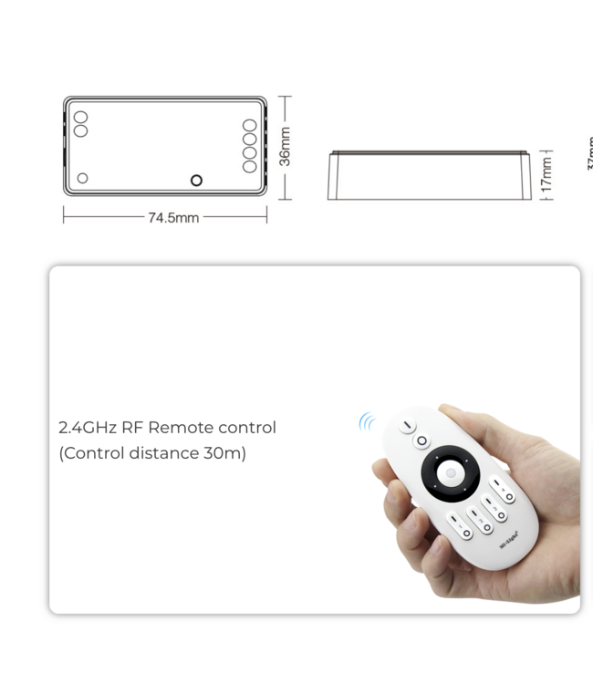 Miboxer Zigbee 3.0 + 2.4 Ghz, 2 in1 LED Strip Controller Single Color /  CCT (Dual White) 12-24VDC, 12A, Werkt via Zigbee 3.0 / App / Wifi / 2.4Ghz