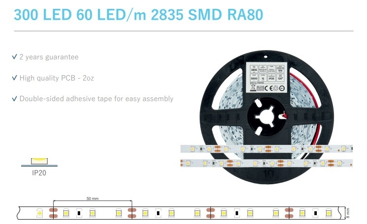 ECO Led Strip ROL 5 Meter 2835SMD, 4,8w/m, 60 led/m, 514-540 Lm/m, 12v, IP20, 8mm, 2 Jaar garantie, foto 3 van 6