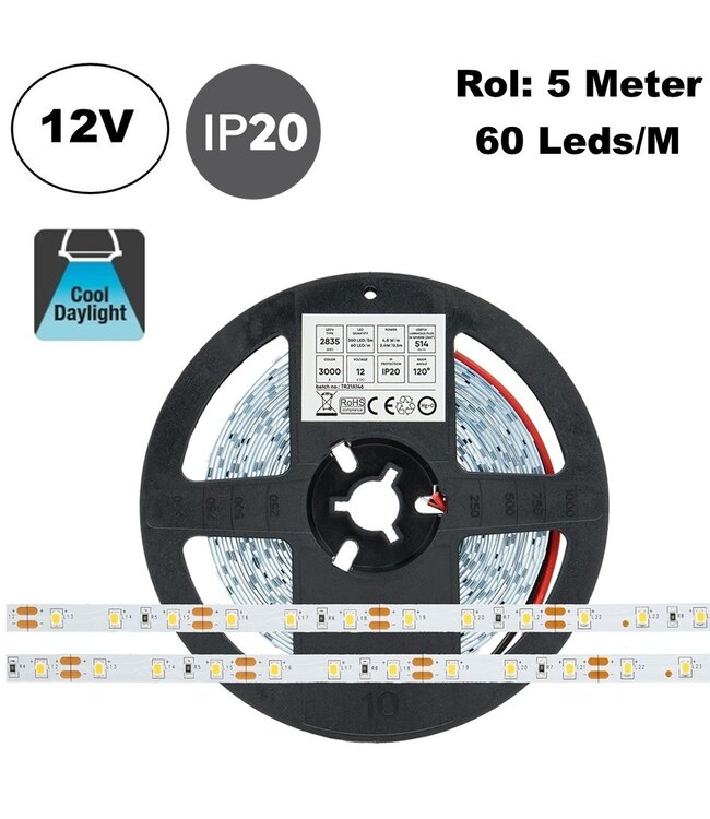 ECO Led Strip ROL 5 Meter 2835SMD, 4,8w/m, 60 led/m, 514-540 Lm/m, 12v, IP20, 8mm, 2 Jaar garantie
