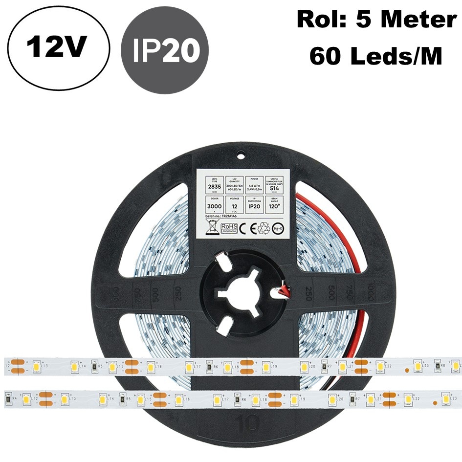 ECO Led Strip ROL 5 Meter 2835SMD, 4,8w/m, 60 led/m, 514-540 Lm/m, 12v, IP20, 8mm, 2 Jaar garantie, foto 2 van 6