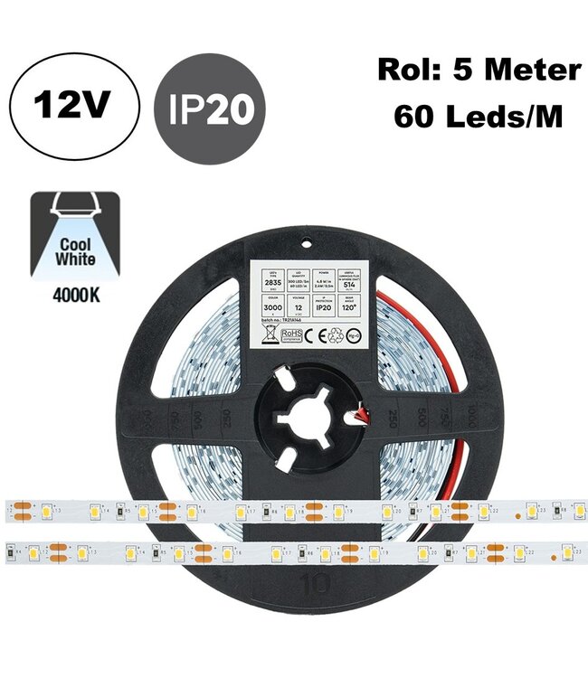 ECO Led Strip ROL 5 Meter 2835SMD, 4,8w/m, 60 led/m, 514-540 Lm/m, 12v, IP20, 8mm, 2 Jaar garantie