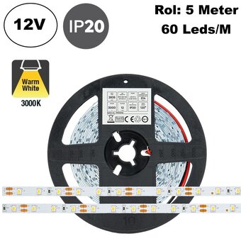 ECO Led Strip ROL 5 Meter 2835SMD, 4,8w/m, 60 led/m, 514-540 Lm/m, 12v, IP20, 8mm, 2 Jaar garantie