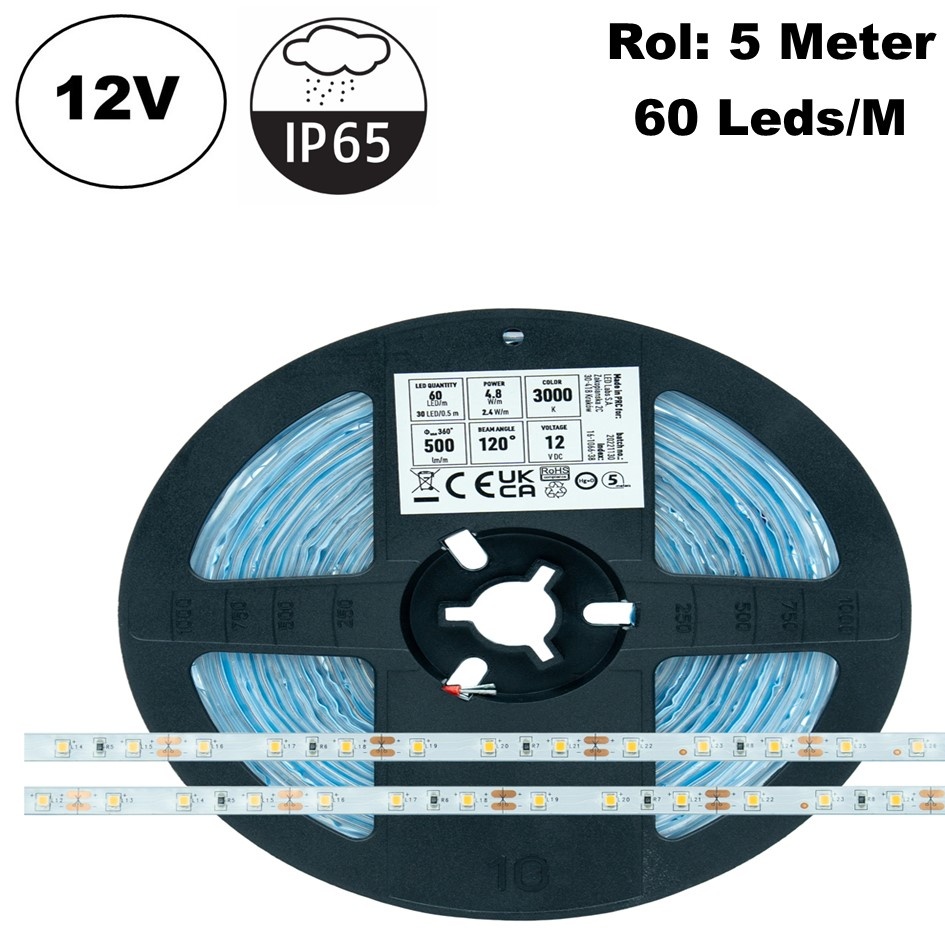 ECO Led Strip ROL 5 Meter 2835SMD, 4,8w/m, 60 led/m, 500-520Lm/m, 12v, IP65HS, 8mm, 2 Jaar garantie, foto 2 van 6