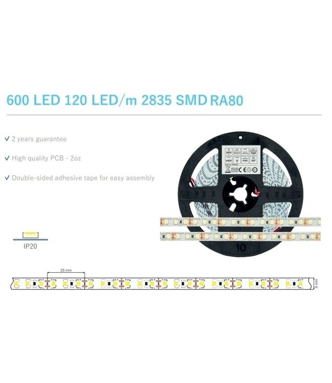 ECO Led Strip ROL 5 Meter 2835SMD, 9,6w/m, 120 led/m, 1028-1080Lm/m, 12v, IP20, 8mm, 2 Jaar garantie