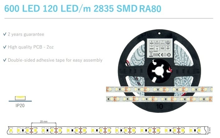 ECO Led Strip ROL 5 Meter 2835SMD, 9,6w/m, 120 led/m, 1028-1080Lm/m, 12v, IP20, 8mm, 2 Jaar garantie, foto 6 van 6