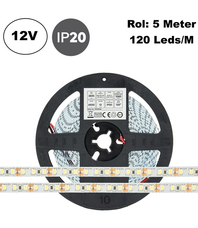 ECO Led Strip ROL 5 Meter 2835SMD, 9,6w/m, 120 led/m, 1028-1080Lm/m, 12v, IP20, 8mm, 2 Jaar garantie