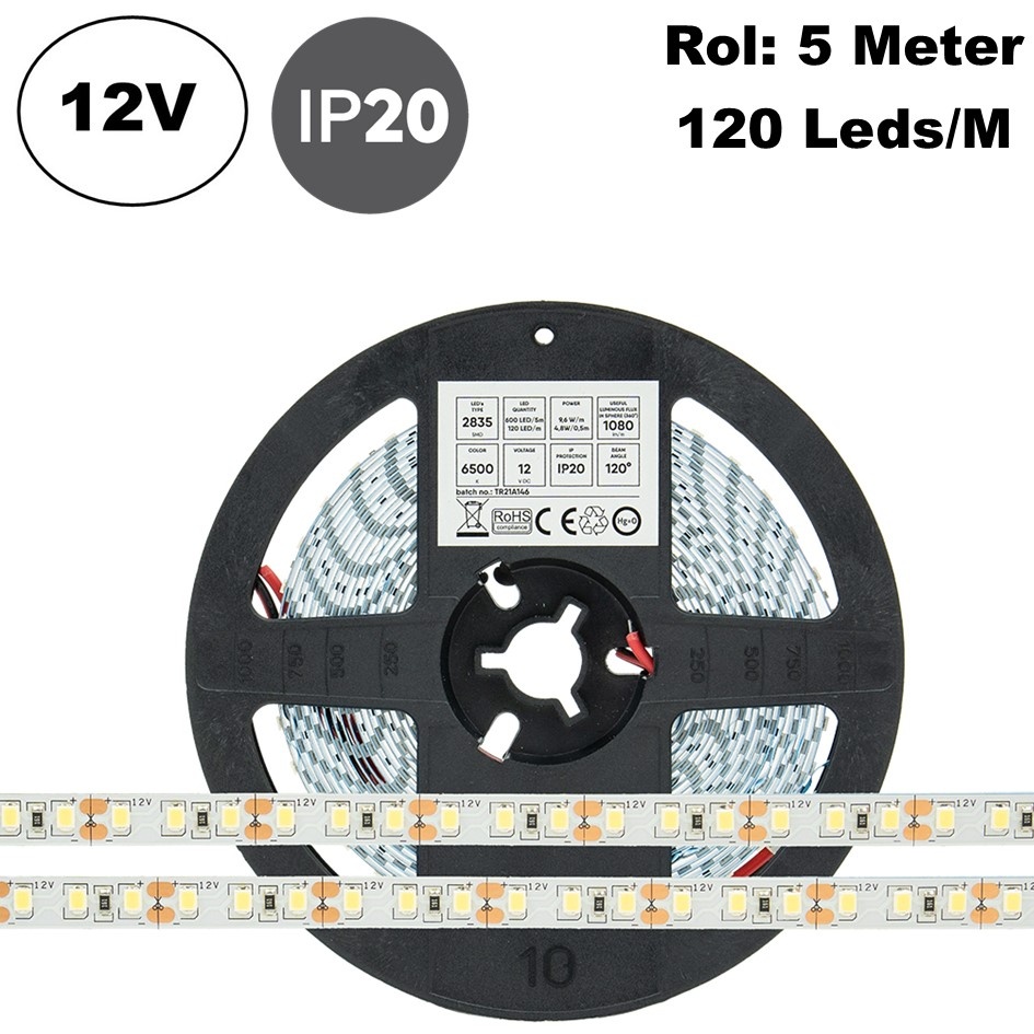 ECO Led Strip ROL 5 Meter 2835SMD, 9,6w/m, 120 led/m, 1028-1080Lm/m, 12v, IP20, 8mm, 2 Jaar garantie, foto 2 van 6