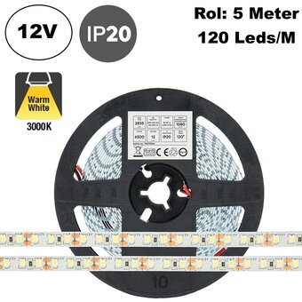 ECO Led Strip ROL 5 Meter 2835SMD, 9,6w/m, 120 led/m, 1028-1080Lm/m, 12v, IP20, 8mm, 2 Jaar garantie