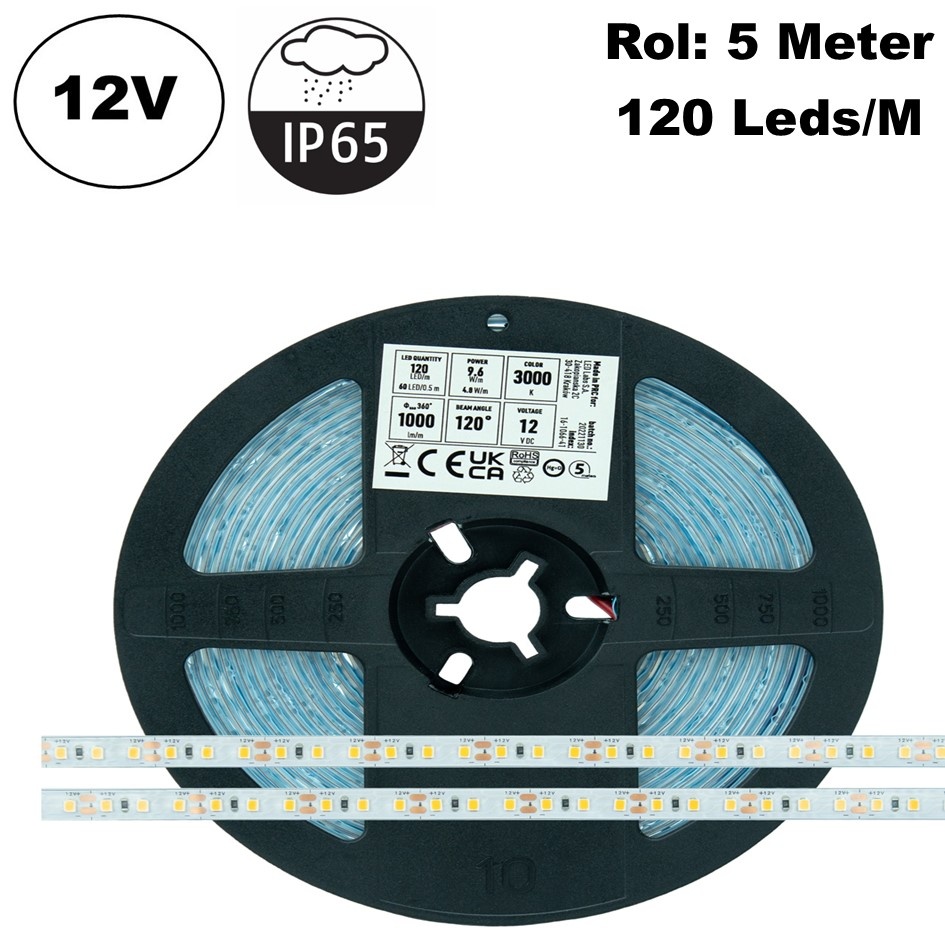 ECO Led Strip ROL 5 Meter 2835SMD, 9,6w/m, 120 led/m, 1000 - 1040Lm/m, 12v, IP65HS, 8mm, 2 Jaar garantie, foto 2 van 6