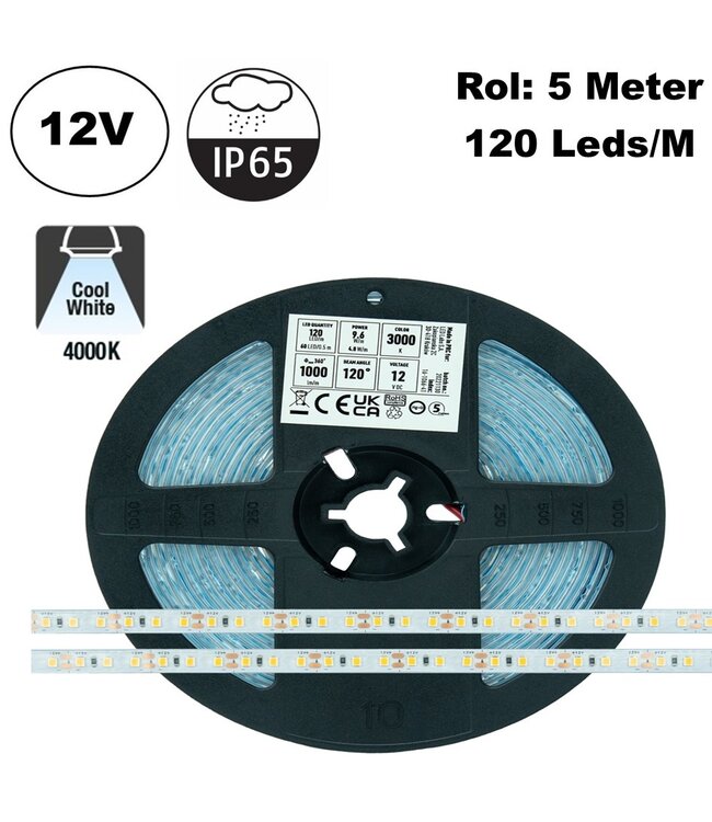 ECO Led Strip ROL 5 Meter 2835SMD, 9,6w/m, 120 led/m, 1000 - 1040Lm/m, 12v, IP65HS, 8mm, 2 Jaar garantie