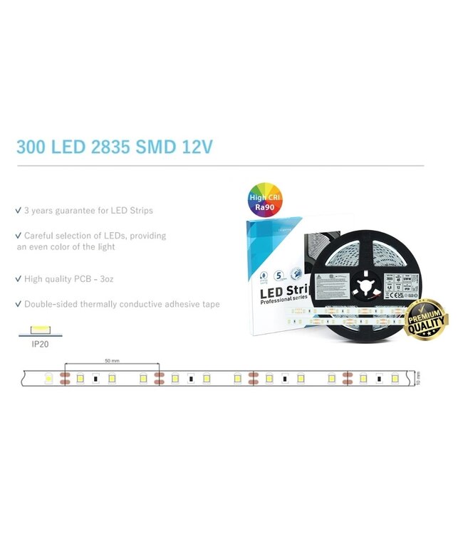 Premium Led Strip ROL 5 Meter 2835SMD, CRI90, 4,8w/m, 60 led/m, 395 - 432Lm/m, 12v, IP20, 10mm, 3 Jaar garantie