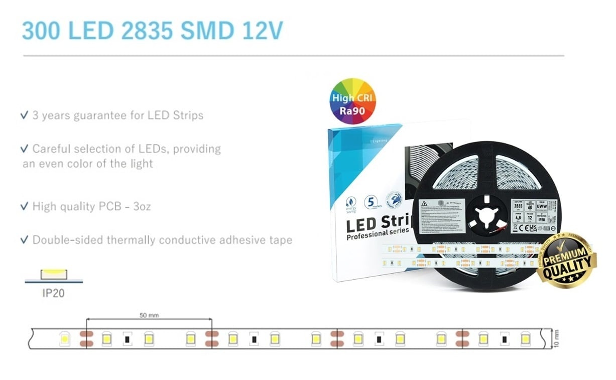Premium Led Strip ROL 5 Meter 2835SMD, CRI90, 4,8w/m, 60 led/m, 395 - 432Lm/m, 12v, IP20, 10mm, 3 Jaar garantie, foto 5 van 6