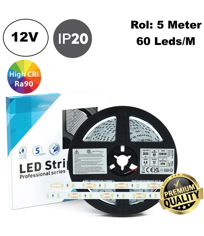 Premium Led Strip ROL 5 Meter 2835SMD, CRI90, 4,8w/m, 60 led/m, 395 - 432Lm/m, 12v, IP20, 10mm, 3 Jaar garantie