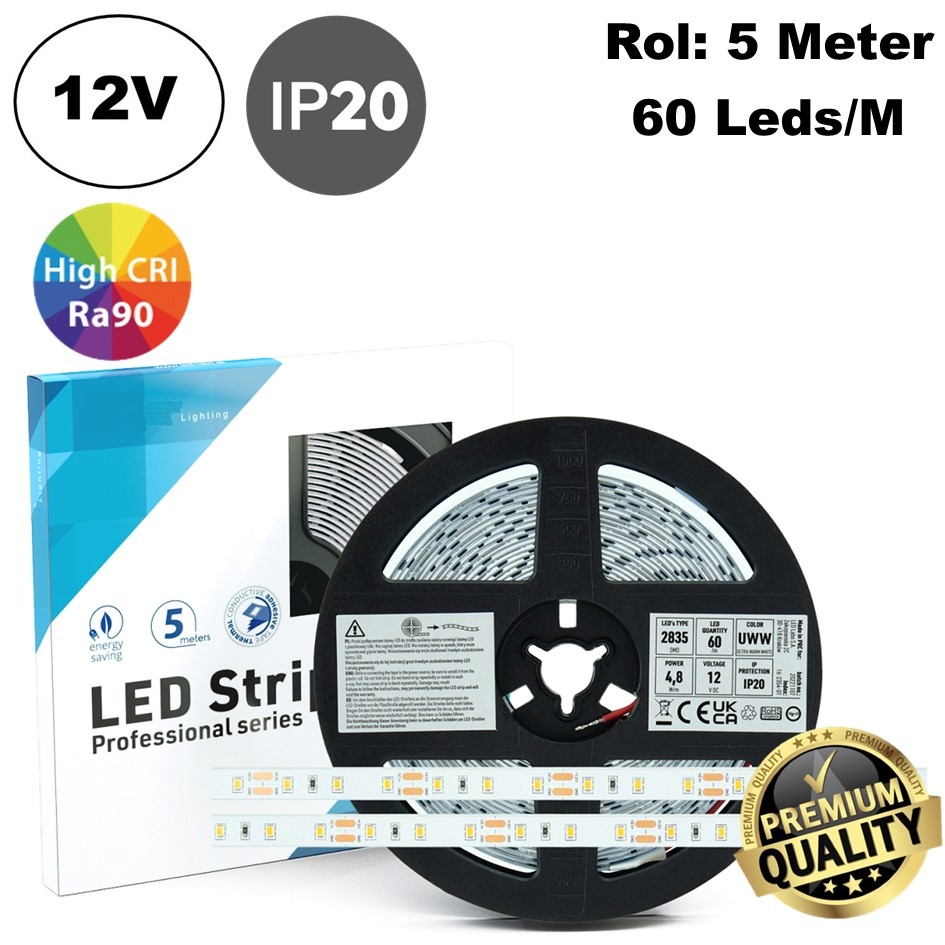 Premium Led Strip ROL 5 Meter 2835SMD, CRI90, 4,8w/m, 60 led/m, 395 - 432Lm/m, 12v, IP20, 10mm, 3 Jaar garantie, foto 2 van 6
