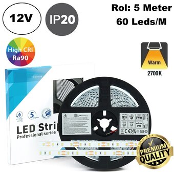 Premium Led Strip ROL 5 Meter 2835SMD, CRI90, 4,8w/m, 60 led/m, 395 - 432Lm/m, 12v, IP20, 10mm, 3 Jaar garantie