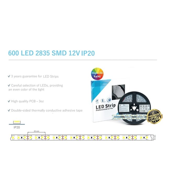 Premium Led Strip ROL 5 Meter 2835SMD, CRI90, 9,6w/m, 120 led/m, 800-850Lm/m,, 12v, IP20, 10mm, 3 Jaar garantie