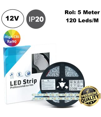 Premium Led Strip ROL 5 Meter 2835SMD, CRI90, 9,6w/m, 120 led/m, 800-850Lm/m,, 12v, IP20, 10mm, 3 Jaar garantie