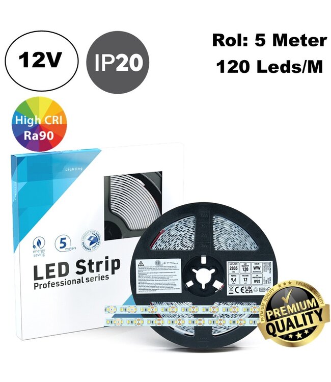 Premium Led Strip ROL 5 Meter 2835SMD, CRI90, 9,6w/m, 120 led/m, 800-850Lm/m,, 12v, IP20, 10mm, 3 Jaar garantie