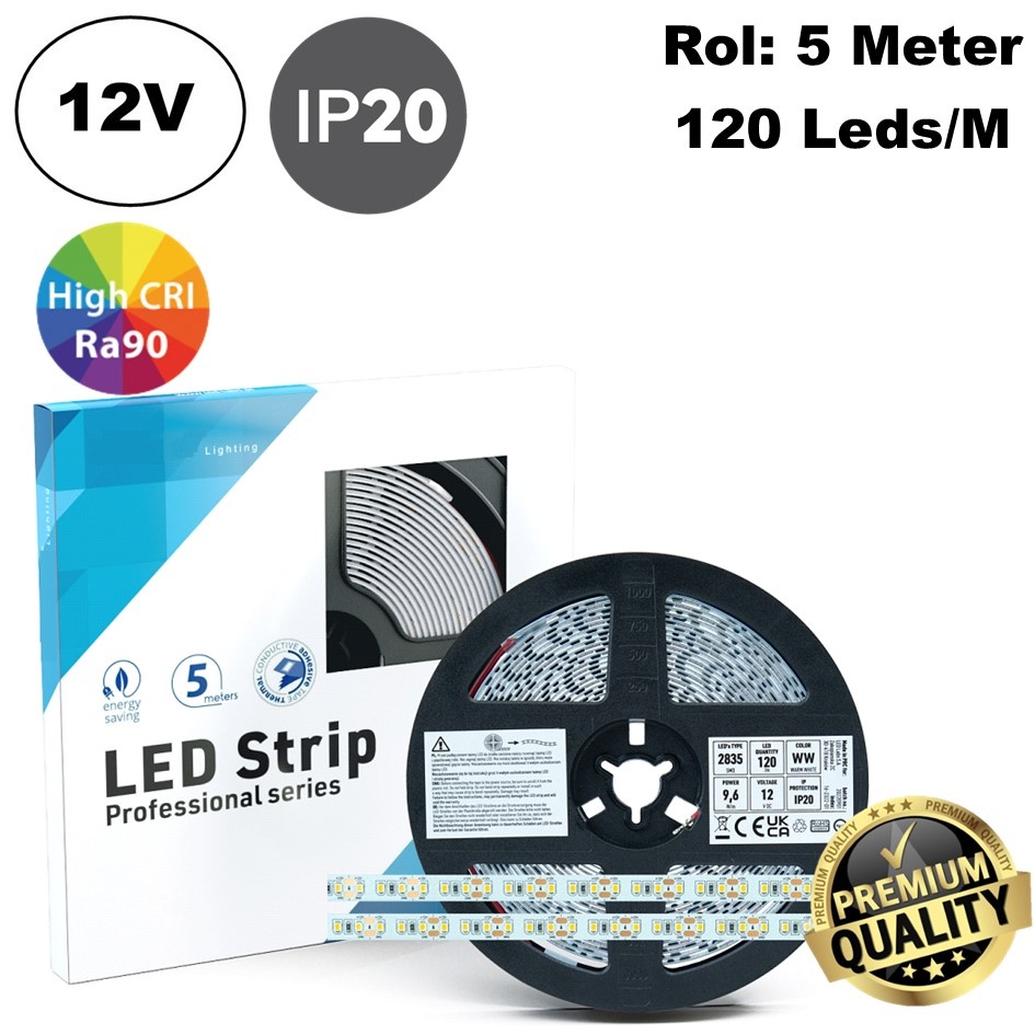 Premium Led Strip ROL 5 Meter 2835SMD, CRI90, 9,6w/m, 120 led/m, 800-850Lm/m,, 12v, IP20, 10mm, 3 Jaar garantie, foto 2 van 6