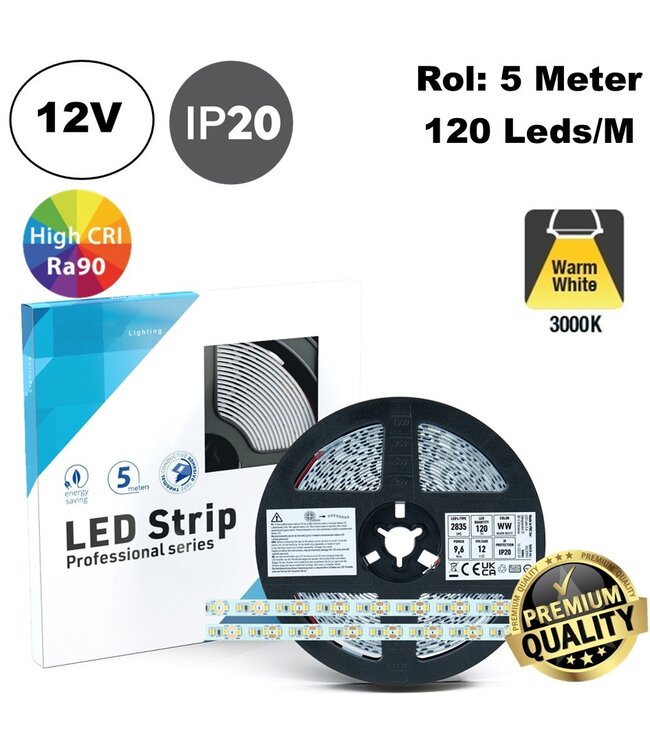 Premium Led Strip ROL 5 Meter 2835SMD, CRI90, 9,6w/m, 120 led/m, 800-850Lm/m,, 12v, IP20, 10mm, 3 Jaar garantie