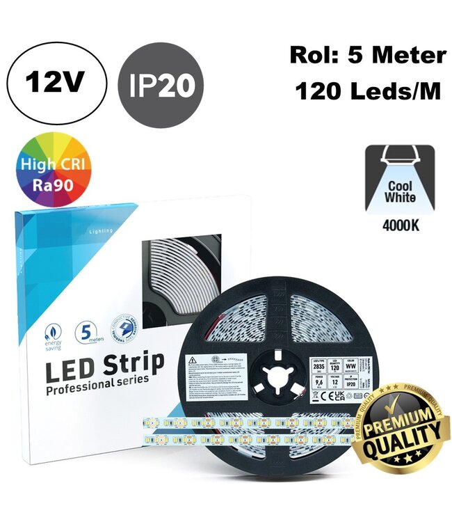 Premium Led Strip ROL 5 Meter 2835SMD, CRI90, 9,6w/m, 120 led/m, 800-850Lm/m,, 12v, IP20, 10mm, 3 Jaar garantie