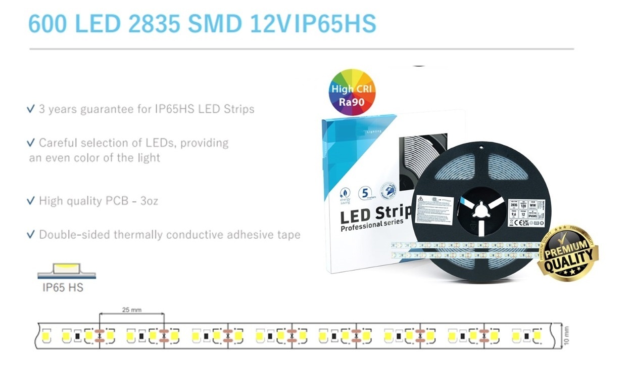 Premium Led Strip ROL 5 Meter 2835SMD, CRI90, 9,6w/m, 120 led/m, 816-864Lm/m, 12v, IP65HS, 10mm, 3 Jaar garantie, foto 6 van 6