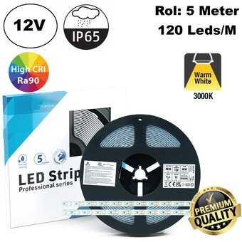 Premium Led Strip ROL 5 Meter 2835SMD, CRI90, 9,6w/m, 120 led/m, 816-864Lm/m, 12v, IP65HS, 10mm, 3 Jaar garantie